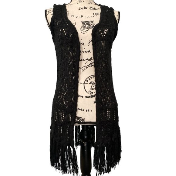 Pink Rose L Black Fringe Crochet Knit Cardigan Sweater Vest Boho Western Cowgirl - Picture 1 of 7